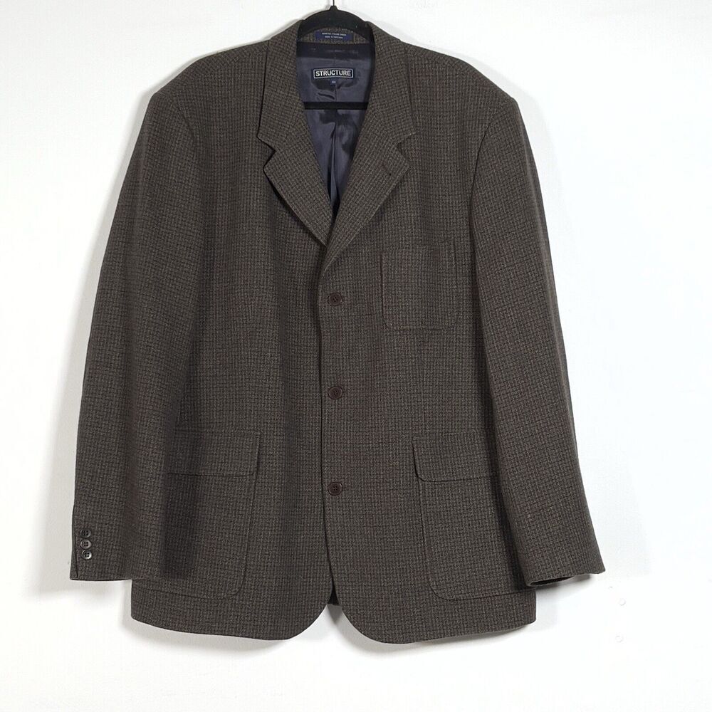 Structure Grid Sport Jacket Mens Sz 46 Brown‎ Wool Blend 3 Button Blazer